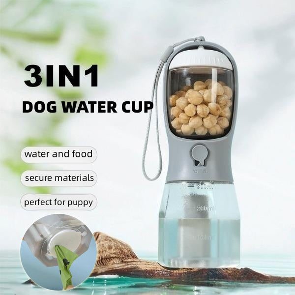 3-in-1 Portable Dog Water Bottle – Travel Cup with Food Container & Waste Bag Holder