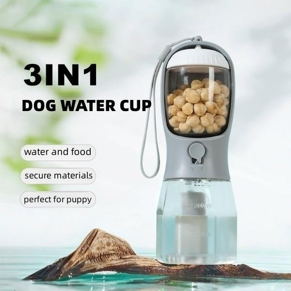 3-in-1 Portable Dog Water Bottle – Travel Cup with Food Container & Waste Bag Holder