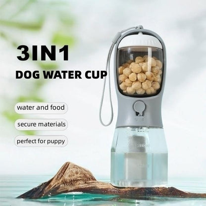 3-in-1 Portable Dog Water Bottle – Travel Cup with Food Container & Waste Bag Holder